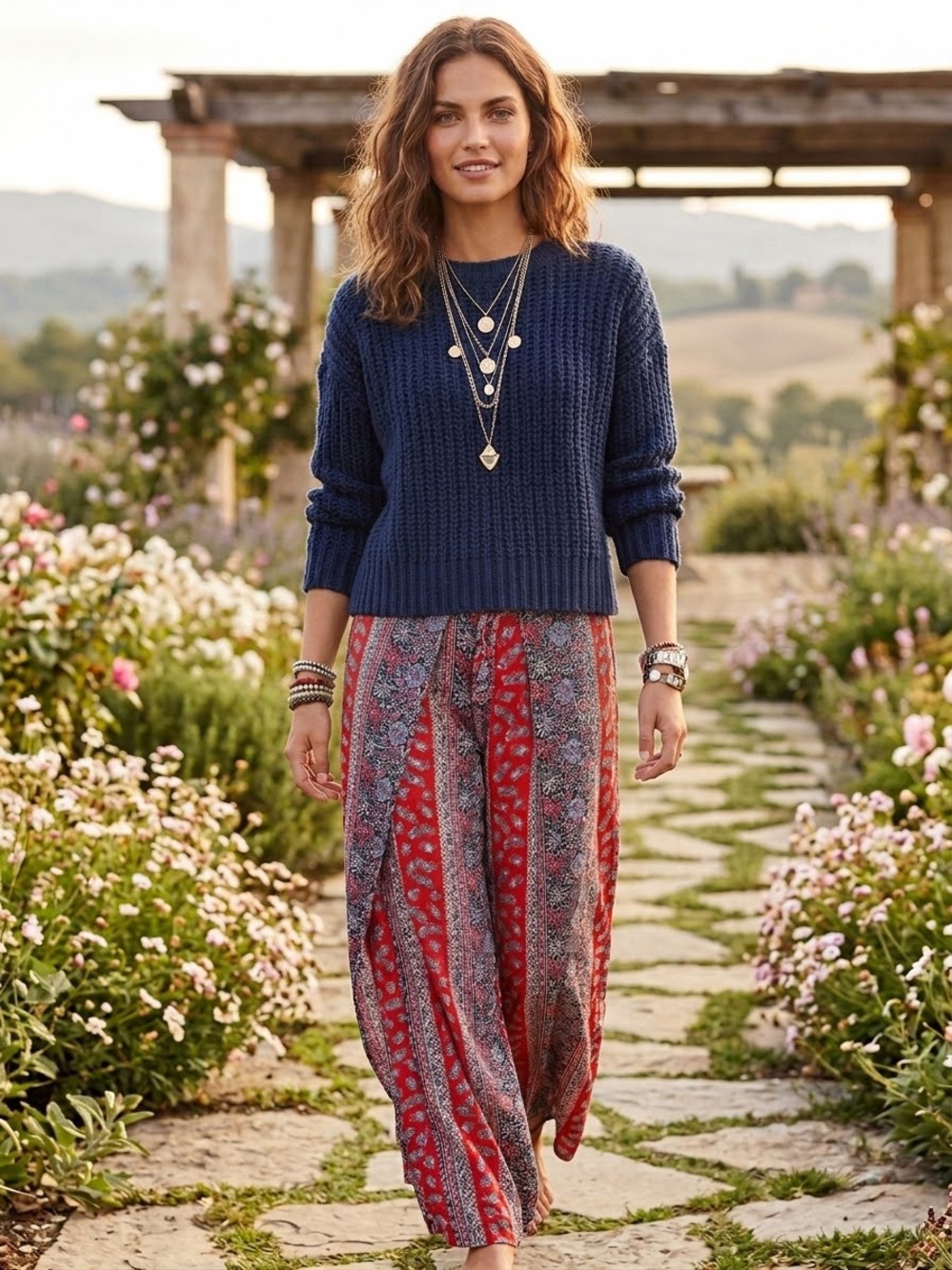 Style & Co. Red & Navy Floral Wide-Leg Boho Pants